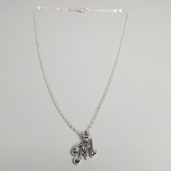 Vintage M Monogram Initial Letter Pendant Necklace, Silver Tone, Estate - Picture 8 of 10